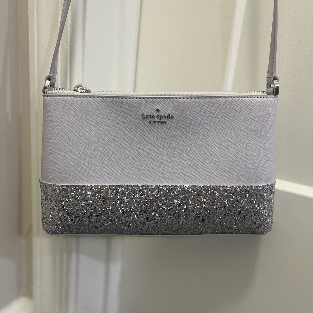 Kate Spade Greta Court Silver Glitter and Light Grey Crossbody Bag